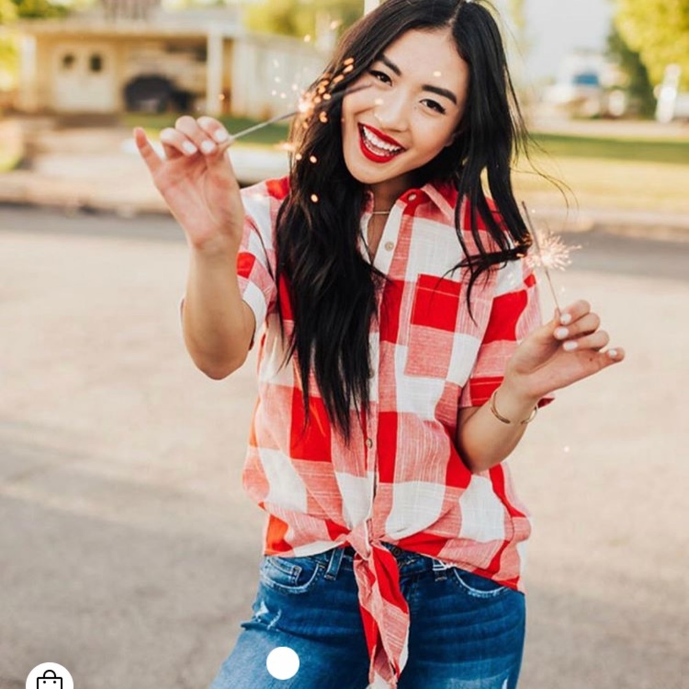 Red and white tie front button up shirt